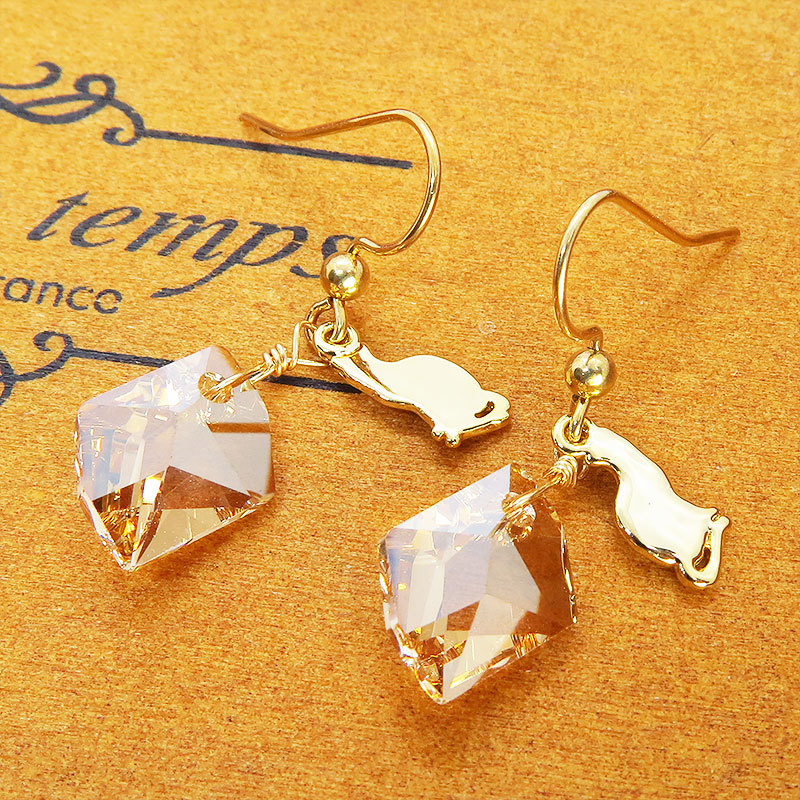 14KGF Lindo motivo de silueta de gato y grandes pendientes de gancho de cristal Swarovski (sombra dorada), Hecho a mano, Accesorios (para mujeres), Pendientes, Pendientes