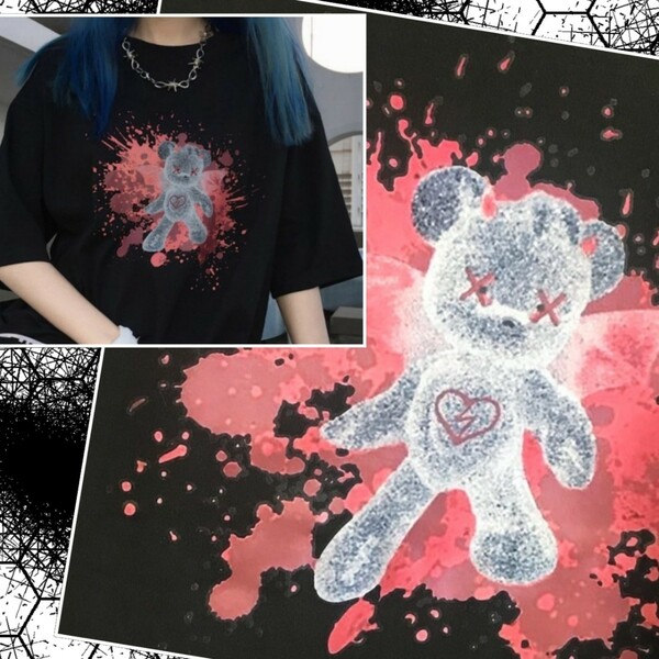 ★血だらけの病みクマTシャツ★ハロウィンにも！やみかわ黒Ｔシャツ★ゾンビ　くま　ベアー　病み