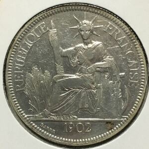 Французский Indochina 1 Piertre Silver Coin 1902 Торговая серебряная серебристая