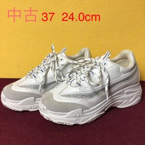 [ selling out! free shipping!]A-115 thickness bottom sneakers!37!24.0cm! stylish! fitness! aero bi! white! white! used!