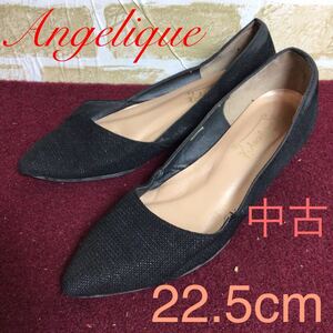 【売り切り!送料無料!】A-122 Angelique!パンプス!22.5cm!黒!シンプル!ウェッジソール!ビジネス!冠婚葬祭!入園入学式!卒園卒業式!中古!