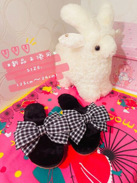 ファー*蝶結び ルーム シューズ*可愛い レディーススリッパ 室内履き、サンダル♪ SIZE:23〜24