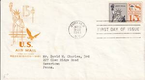 【ＦＤＣ】エアーメール切手、自由の女神（１９６１年）（２）（アメリカ）実逓　t2452