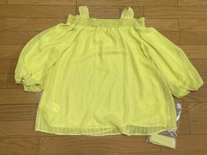  free shipping # tag attaching unused #KUMIKYOKU Kumikyoku yellow green stripe chiffon cut and sewn ba Rune sleeve size 5 large size 