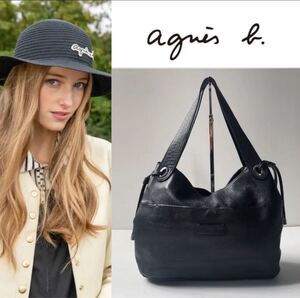 agnes b. ロゴ刻印 牛革 ハンドバッグ トートバッグ ブラック