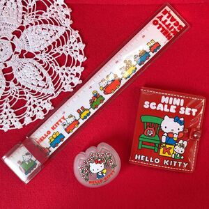  Hello Kitty *3 point set * case *MINI SCALE SET Mini scale set * ruler * glass *1976 year * Showa Retro that time thing old Logo * Sanrio 