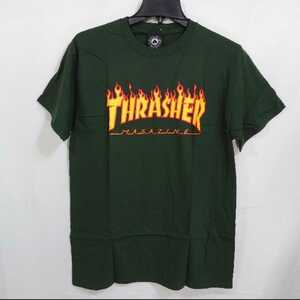 【M】THRASHER スラッシャー/半袖Tシャツ/フレームロゴ プリント/緑