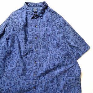 80's 90's オールドギャップ GAP 総柄 コットンシャツ 半袖 (L) 青系 バティック柄 旧タグ オールド 80年代 90年代 旧タグ