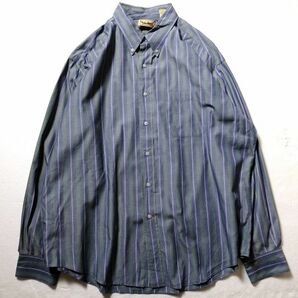 90's LLBean LLビーン ストライプ コットン ポプリン ボタンダウン シャツ 青系×緑 (XL) 90年代 旧タグ オールドの画像2