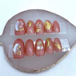 ネイルチップ ジェルネイル ジェル ハンドメイド 付け爪 金箔 ピンク オレンジ 透け感