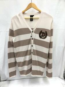 DOUBLE STANDARD CLOTHING D/him cardigan border beads embroidery 46 beige × Brown long sleeve V neck thin knitted men's 23031501