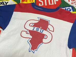 ★国際スケート連盟の1枚★Made in USA製アメリカ製ChampionチャンピオンビンテージISU染み込みプリントTシャツ70s70年代バータグM白青赤