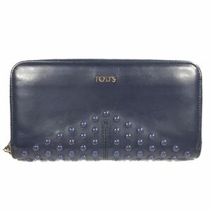 [ Tod's ] genuine article TOD'S long wallet Logo metal fittings navy color series round fastener original leather men's lady's Italy made postage 520 jpy 