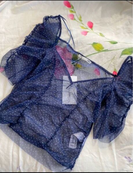 未使用 ZARA シャーリング袖ドット水玉シフォンブラウスネイビー