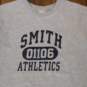 90s USA製 SMITH ATHLETICS Tシャツ L 肉厚ヘビーボディ グレー スミス 大学 半袖 3連 カレッジ ロゴ スポーツ チーム イラスト