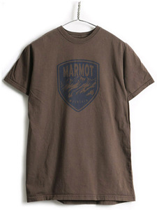 ■ Marmot マーモット オーガニック コットン ロゴ プリント 半袖 Tシャツ ( 男性 メンズ M ) 古着 プリントT ロゴT 半袖Tシャツ ブラウン