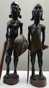 アフリカ原住民 男女２体セット 魔除け アフリカみやげ 置物 木彫り
