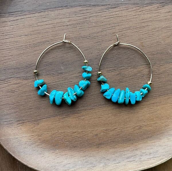 -SUI8- No.50 アリゾナ産スリーピングビューティーターコイズのフープピアス 35mm x 35mm 14kgf A turquoise hoop pierceEarring 14kgf