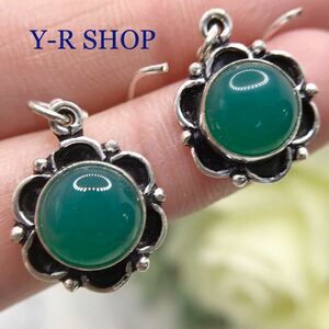  liquidation price * natural stone * green onyx. antique style . flower design earrings * lady's silver accessory color stone new goods gem India 