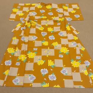 綿生地 浴衣 ゆかた オレンジ系の茶色 市松 リメイク ハンドメイド