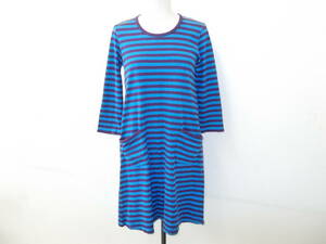 a228*marimekko 7 minute sleeve T-shirt One-piece * Marimekko 52441-41514 XS size blue × purple cotton material border pattern ( stock ) look 3F