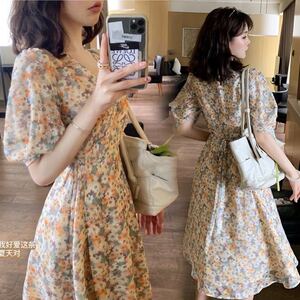 シフォン フレア 膝下丈 ロングワンピース 花柄 パフスリーブ レトロ Vネック 夏服 韓国服 きれいめ お呼ばれ