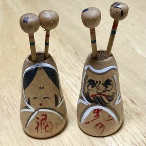 だるま ☆ こけし ☆ 木工品 ☆ 民芸品 ☆ 楊枝入れ ☆ 楊枝 ☆ 寿 ☆ 福 ☆ 夫婦だるま ☆ 郷土玩具 ☆ 土産 ☆ 置物 ☆ 昭和 ☆ 中古品