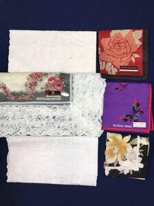 未使用　大判レース付き　ハンカチ　リバティ　HANAE MORI JUNKO KOSHINO 白刺繍入り 6枚セット 送料無料