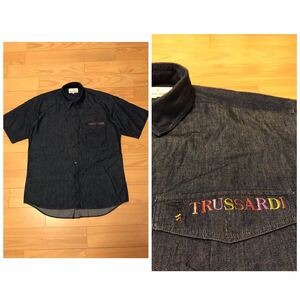 ☆90s TRUSSARDI／オールド トラサルディ サイズ4・L～XL並 半袖 インディゴデニムシャツ 希少.マルチカラーワンポイント入！ ハーフ比翼釦