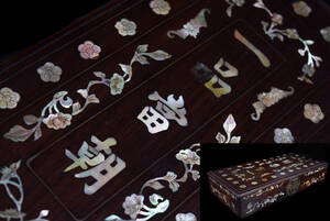 朝鮮美術 時代 唐木花唐草蝙蝠螺鈿細工長方箱 李朝 古美術品（旧家蔵出）ｂ714