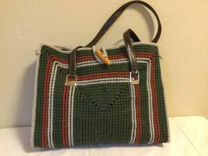 C170 knitting wool braided tote bag green & white & red height 30 width 35..7
