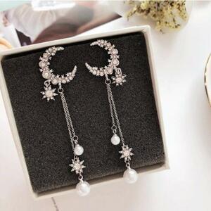  earrings lady's accessory long silver color AA232-1