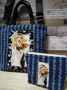 ハンドメイド ロラライハリス デニムトートバッグとポーチ
