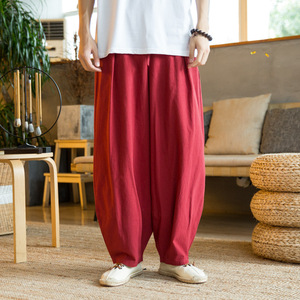  men's sarouel pants wide pants spring summer casual sweat pants flax pants cotton flax jogger pants Easy pants wine M~5XL