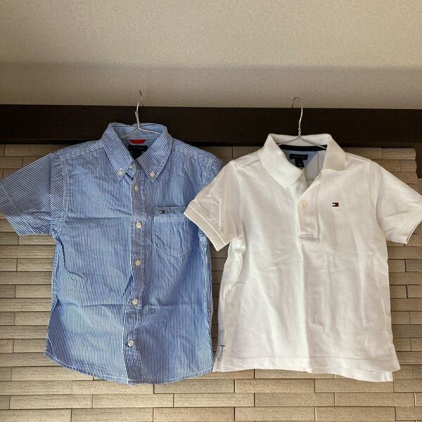 トミーヒルフィガー ボタンダウンシャツ コットンシャツ ポロシャツ 半袖シャツ ボーダー 白 3T キッズ 100 TOMMY