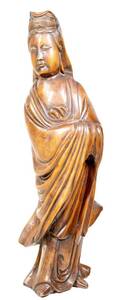 中国古玩　中国古美術　唐物 細密彫刻　一刀彫観音菩薩像　高さ31cm！ 一本の木から彫刻し作られた味わいの逸品！ KNA