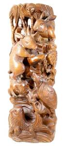 中国古美術　唐物　 細密透彫兎亀魚像　一刀彫り　高さ56cm！ 一本の丸太から彫刻し作られた素晴らしい逸品！ 修復痕あり　KNA