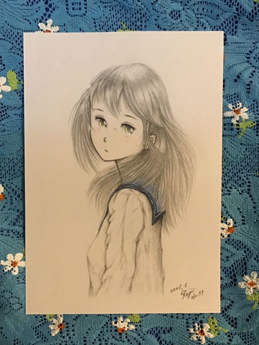 Handwritten illustration girl ★Girl in sailor suit NO.99 ★Pencil Colored pencil Ballpoint pen ★Drawing paper ★Size 16.5 x 11.5cm ★New, comics, anime goods, hand drawn illustration