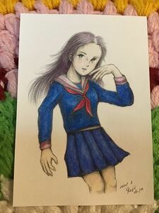 Art hand Auction 手書きイラスト 女の子 ★セーラー服の少女 NO .100 ★鉛筆 色鉛筆 ボールペン ★画用紙 ★サイズ16.5×11.5㎝ ★新品, コミック, アニメグッズ, 手描きイラスト