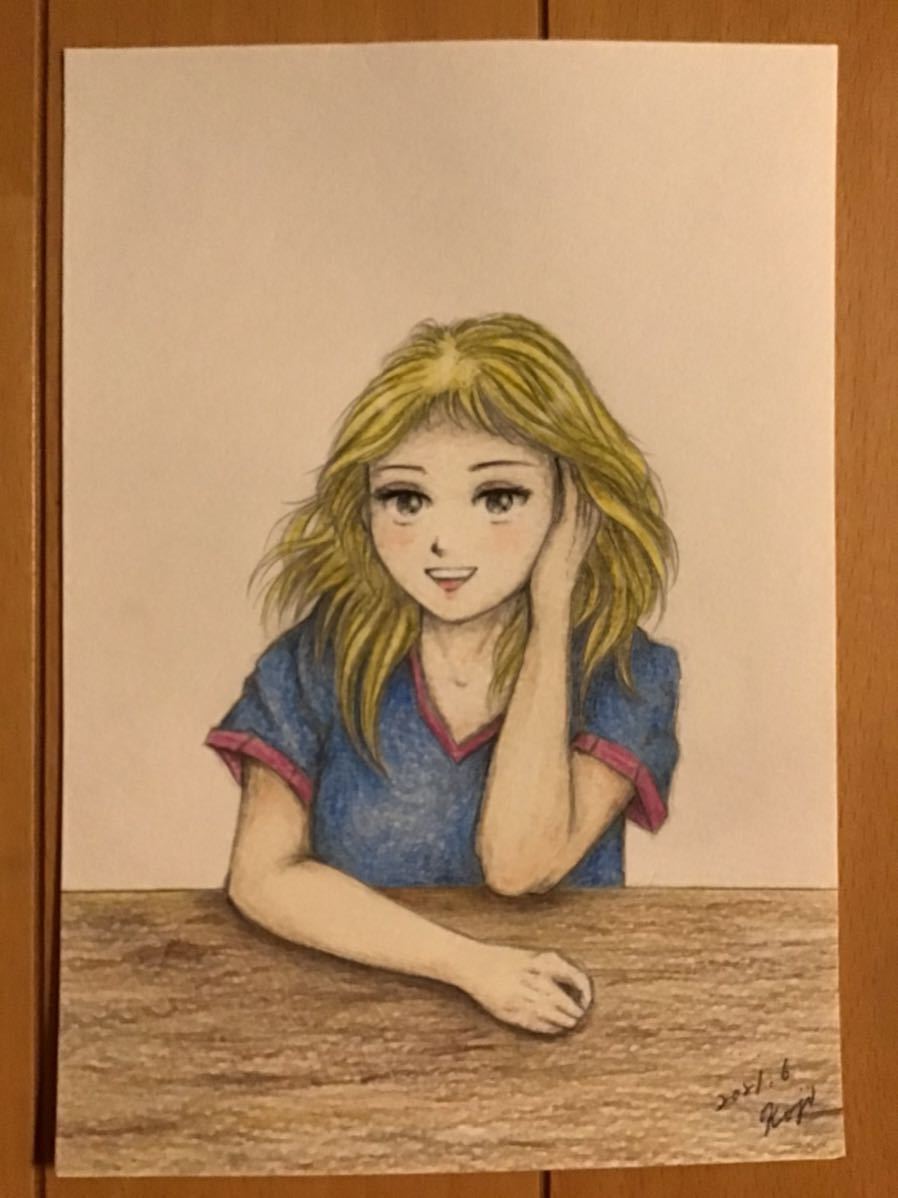 Illustration dessinée à la main d'une jeune fille racontant une histoire ★Crayon, crayon de couleur, stylo à bille ★Papier à dessin ★Taille : 16, 5 x 11, 5 cm ★Tout neuf, Des bandes dessinées, Produits d'anime, Illustration dessinée à la main