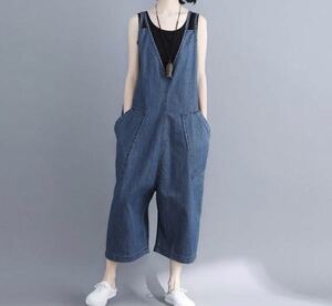 デニムオーバーオール デニムサロペット ワイドパンツ ツナギ オールインワン ゆったりサイズ オーバーサイズ、