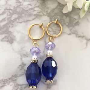 ブルー 青 水色 香水瓶 クリスタルガラス チャーム イヤリング・ピアス 水晶 パール