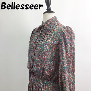 【人気】Bellesseer/ベルスール 総柄 花柄 長袖 ワンピース 膝下丈 プリーツ 裏地あり マルチカラー/S2235