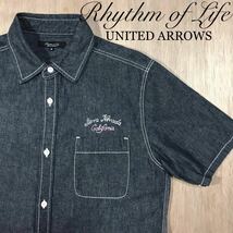 ◇ 美品Rhythm of Life リズムオブライフ UNITED ARROWS ユナイテッドアローズ 半袖/インディゴ/デニム シャツ 刺繍ロゴ/希少M.送料370円_画像1