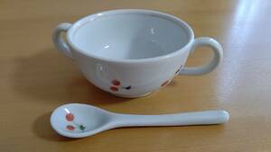 [USED] Ginza summer .* small summer * for children soup cup & spoon cherry pattern 