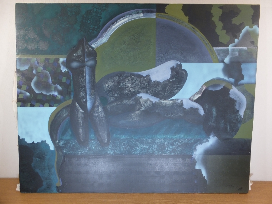 [Authenticité garantie] Pensées manuscrites de Kenji Okazaki 1974.1 Peinture à l'huile F-30 Sortie du collectionneur Association d'art indépendante Collection du musée d'art de la préfecture d'Oita Artiste (Michihide Hirose) Préfecture d'Oita, peinture, peinture à l'huile, peinture abstraite