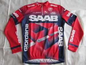 Giordana サーブ USED きれい 長袖 サイクル ジャージ SAAB サイクリング ジャケット レッド×ネイビー系 Lサイズ 