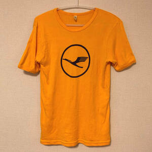 難あり Lufthansa ルフトハンザ 西ドイツ製ロゴTシャツ Mサイズ オレンジ×ネイビー 送料無料 アンティーク ヴィンテージ マニア 希少 レア