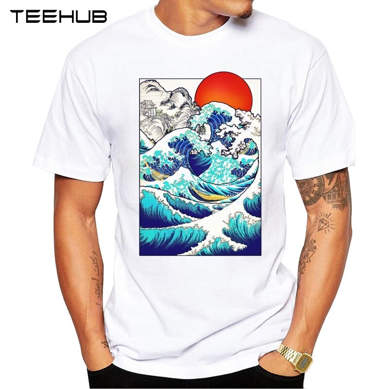 □Modern Sea Wave Sun Japan Painting Hanafuda Art Cool Design Men's T-shirt SML 2L 3L 4L White Summer Casual ◆New and unused◆Shipping fee 0 yen★, XL size and above, round neck, An illustration, character