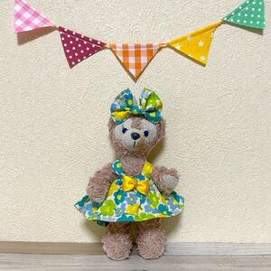ハンドメイド★キイロ。グリーン系フラワープリントワンピースセット★ステラルー。シェリーメイぬいぐるみバッジ用コスチューム